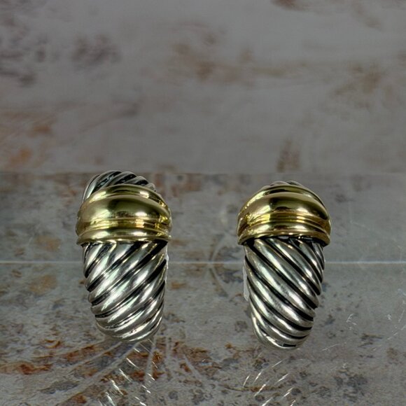 David Yurman Thoroughbred Shrimp Cable Omega Earrings 14K Gold Sterling Silver - Picture 9 of 10